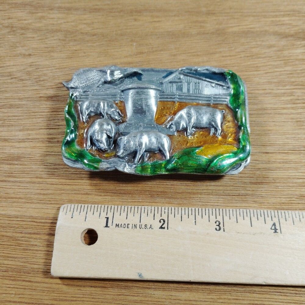Vintage Bergamot Brass Works Belt Buckle Farm Barn Pigs Corn 1984 USA Enamel - Picture 3 of 10